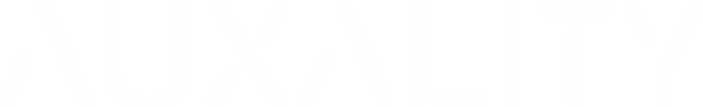 Auxality white company logo on dark background, symbolizing financial technology and automation