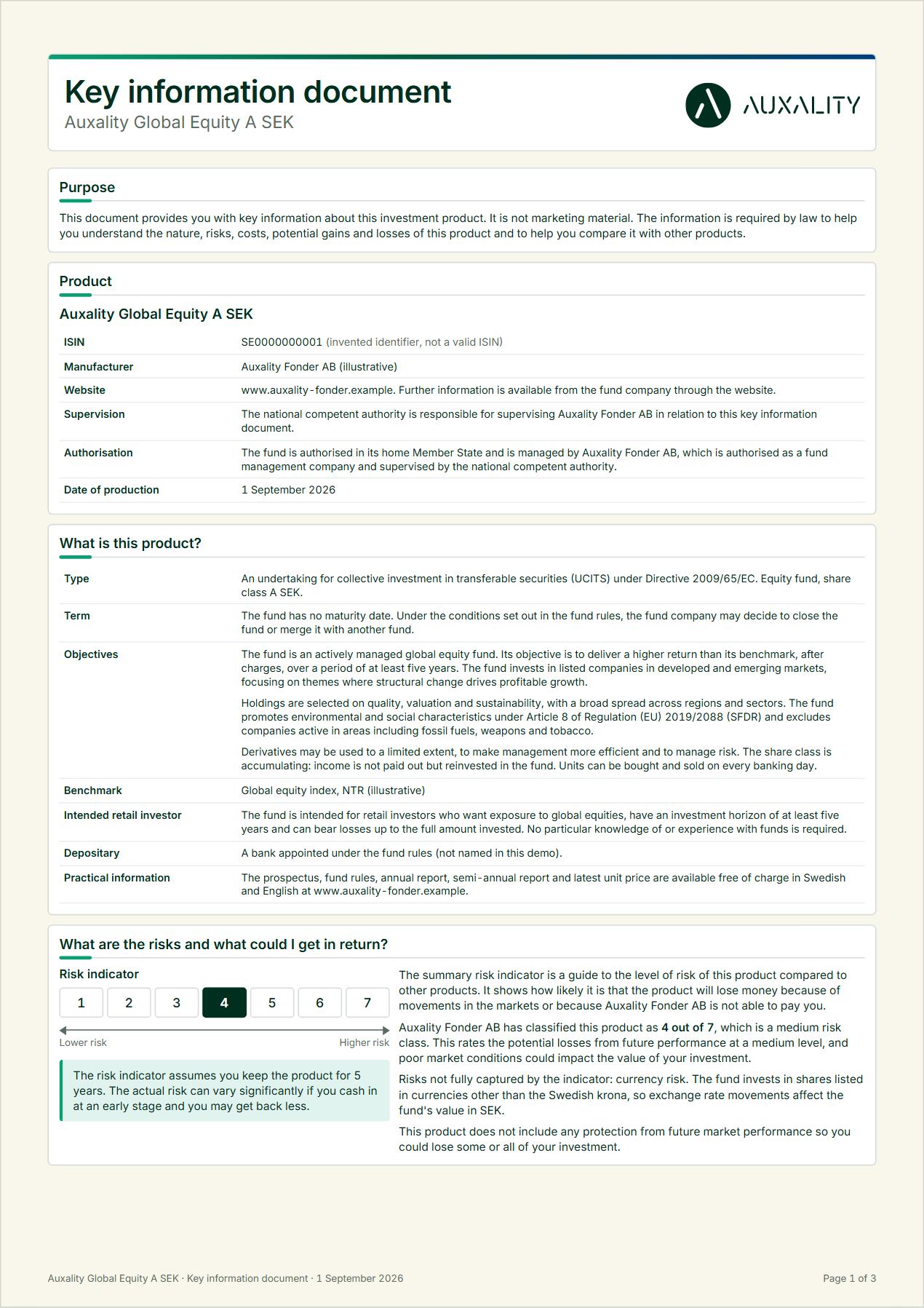 Generated PRIIPs key information document, page 1 of 3