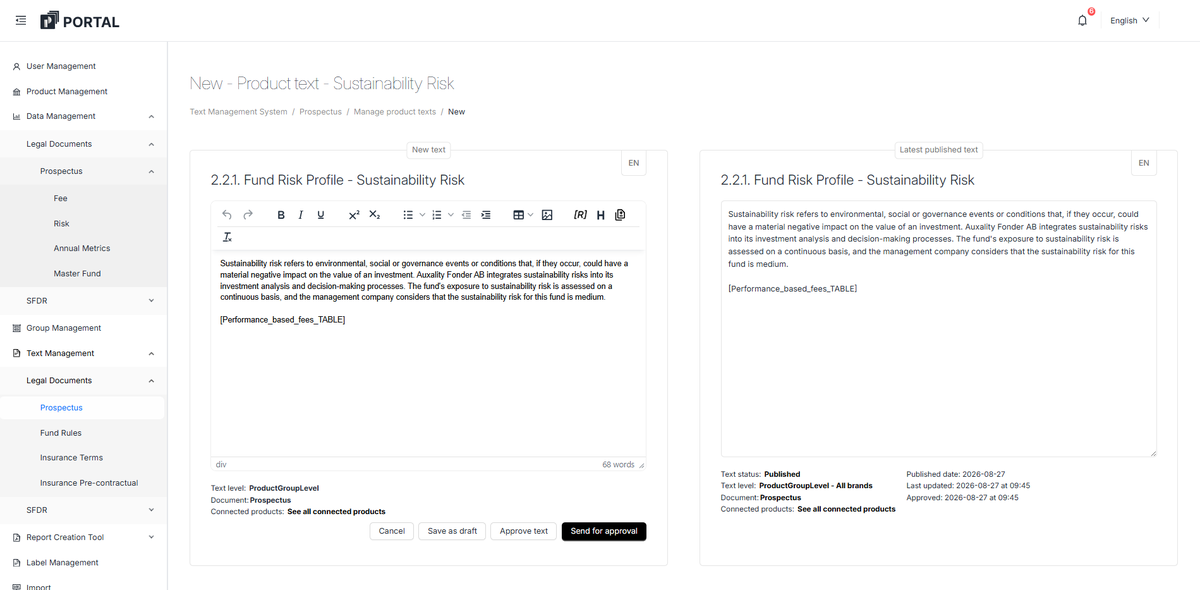 Approval view in Auxality Portal: the new text next to the latest published text, with status, dates and the send-for-approval step
