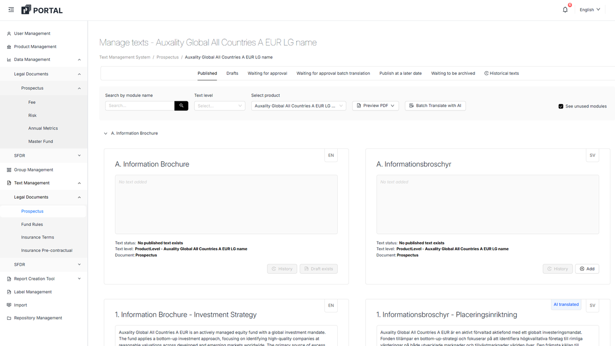 Product texts in English and Swedish, with status, history and approval per text