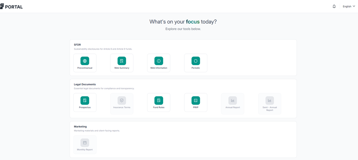 Auxality Portal start page: one login, the SFDR, legal document and marketing tools grouped by section