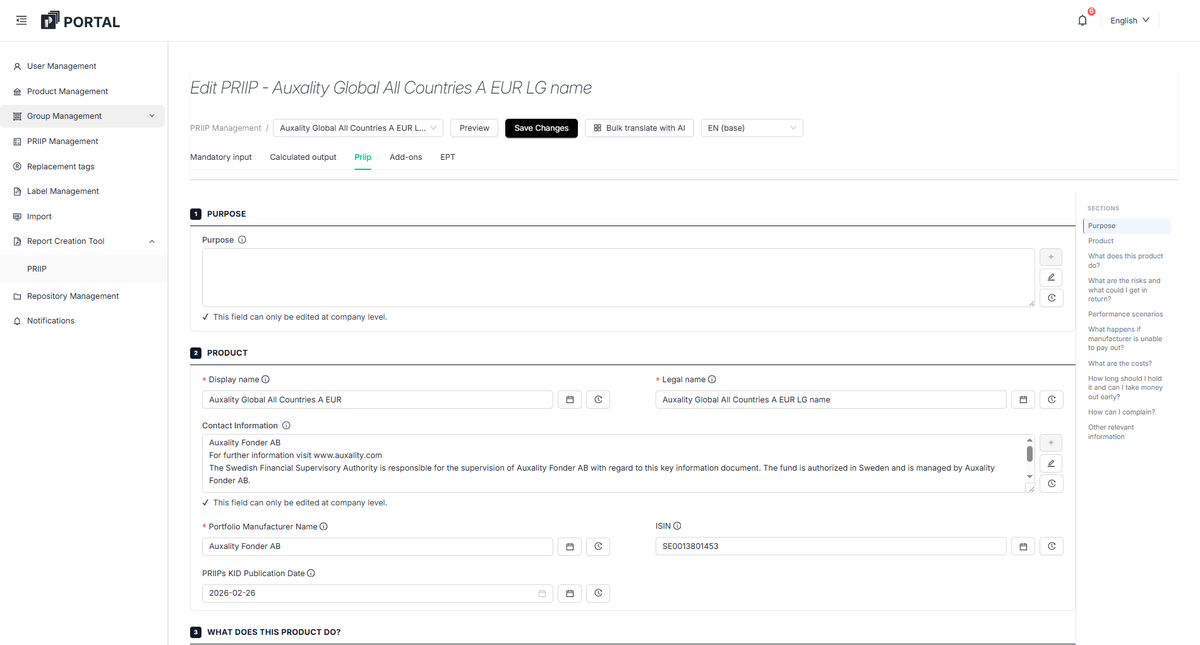 PRIIP configuration in Auxality Portal: mandatory input, calculated output, add-ons and the section index of the KID