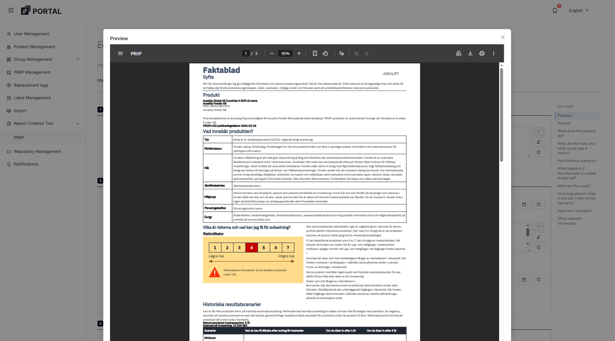 The rendered key information document (faktablad) previewed inside Auxality Portal, risk indicator and performance scenarios included