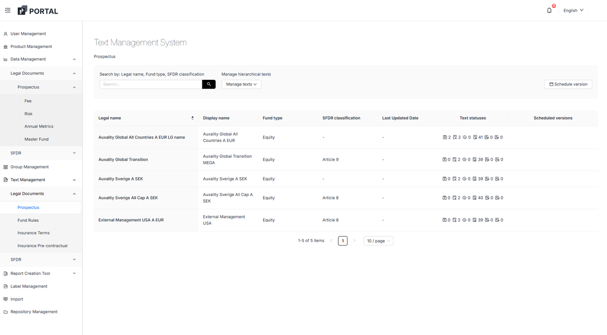 Text management in Auxality Portal: legal name, fund type, SFDR classification, text statuses and scheduled versions per fund